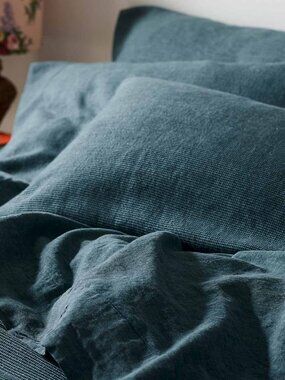 Piglet in Bed Teal Waffle Chambray Linen Pillowcase Pair